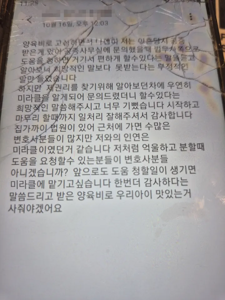 의뢰인 후기: 다른 곳에서는 못 받는다는 말만 들었는데, 할 수 있다는 말에 시작했고 마무리까지 잘 해주셨습니다. 받은 양육비로 우리 아이 맛있는 거 사줘야겠어요.